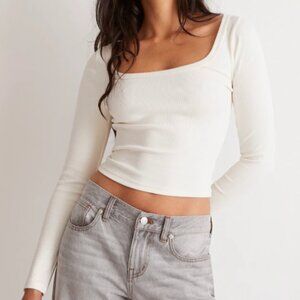 Madewell Ivory Ribbed Square Neck Women Shirt Top Long Sleeve XXS Fitted Tee